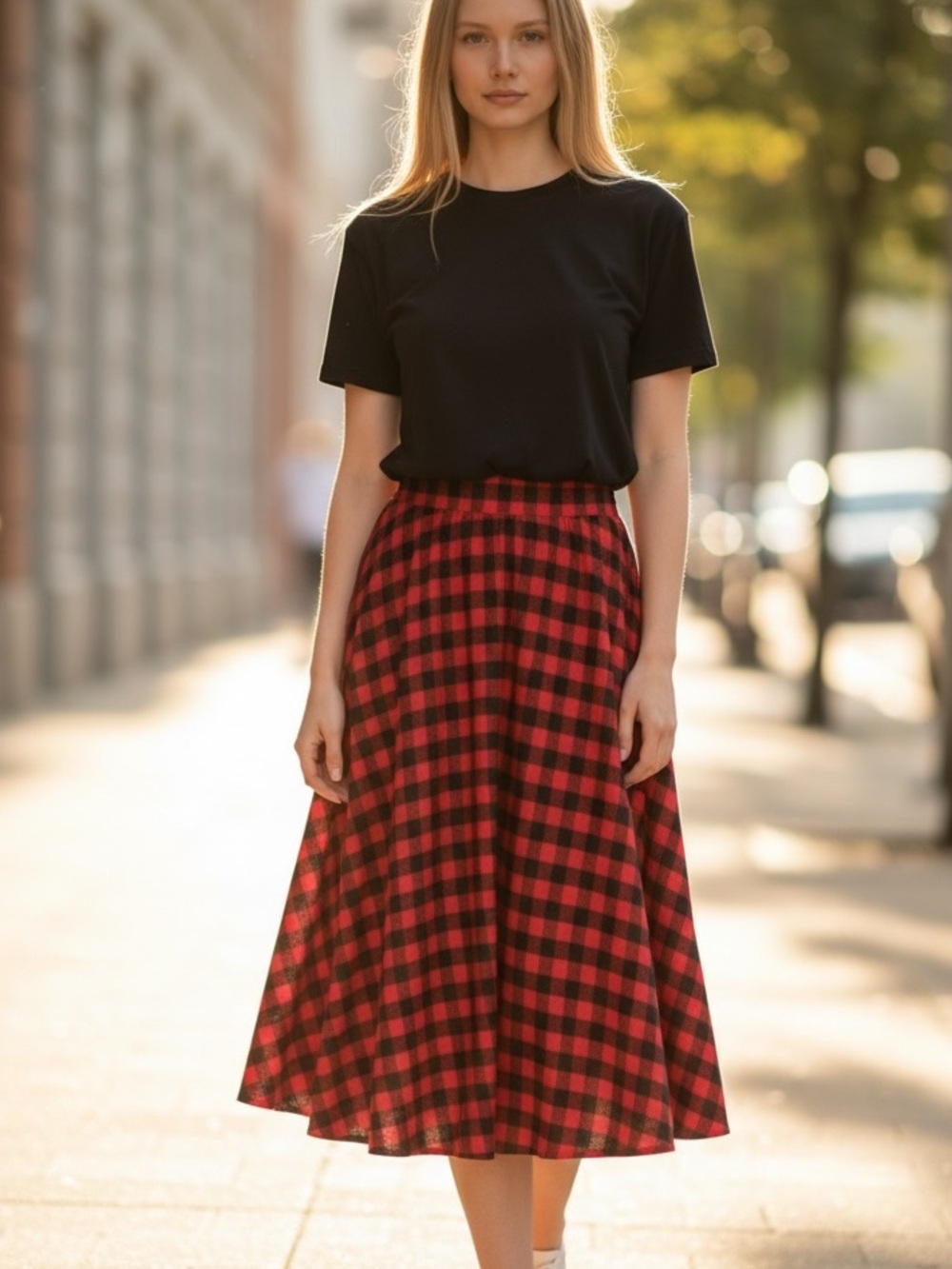 Red & Navy Plaid Circle Skirt - Timeless A-Line Style